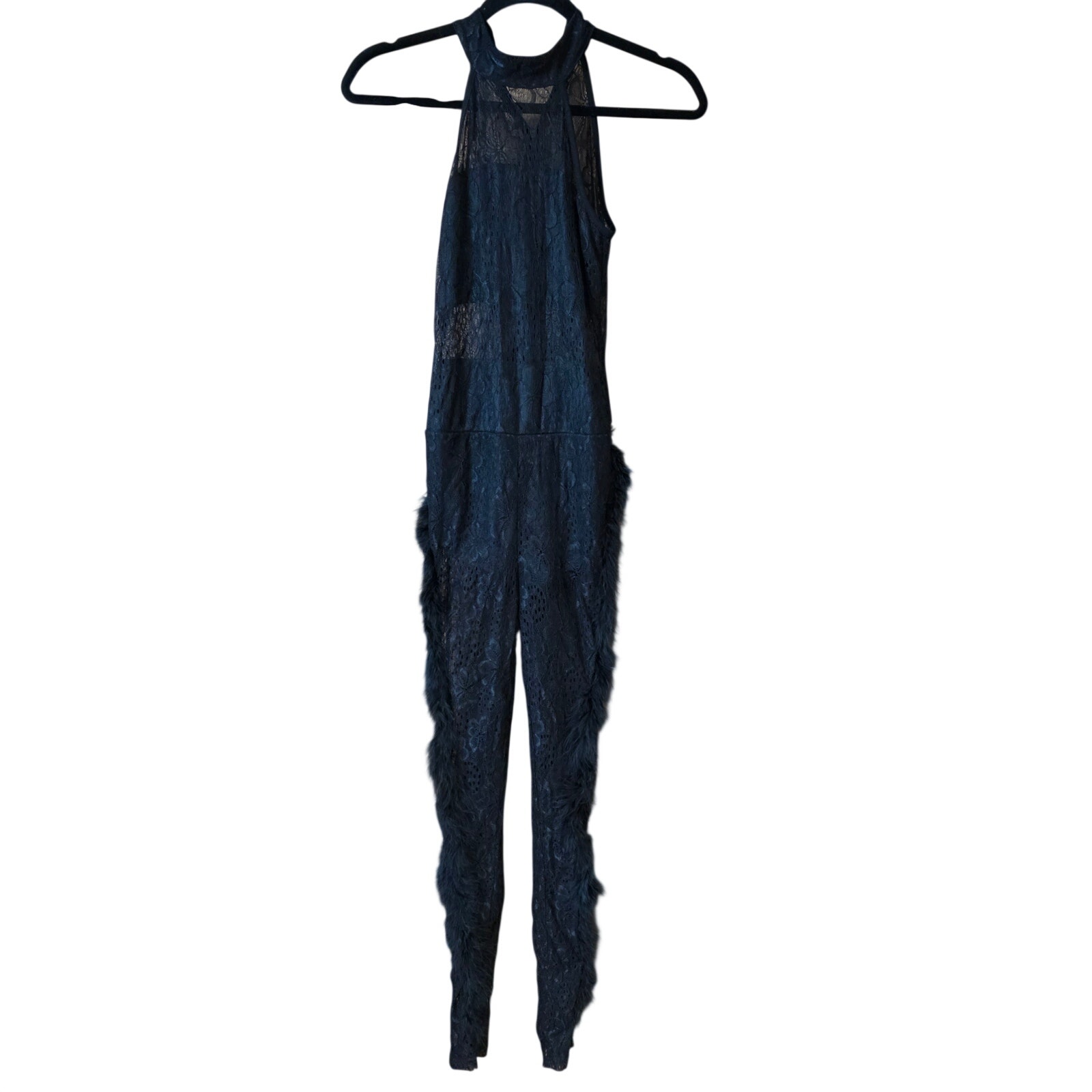 Nwot Black Floral Lace Halter Top Body Suit With Fur Accent On Legs Sz S